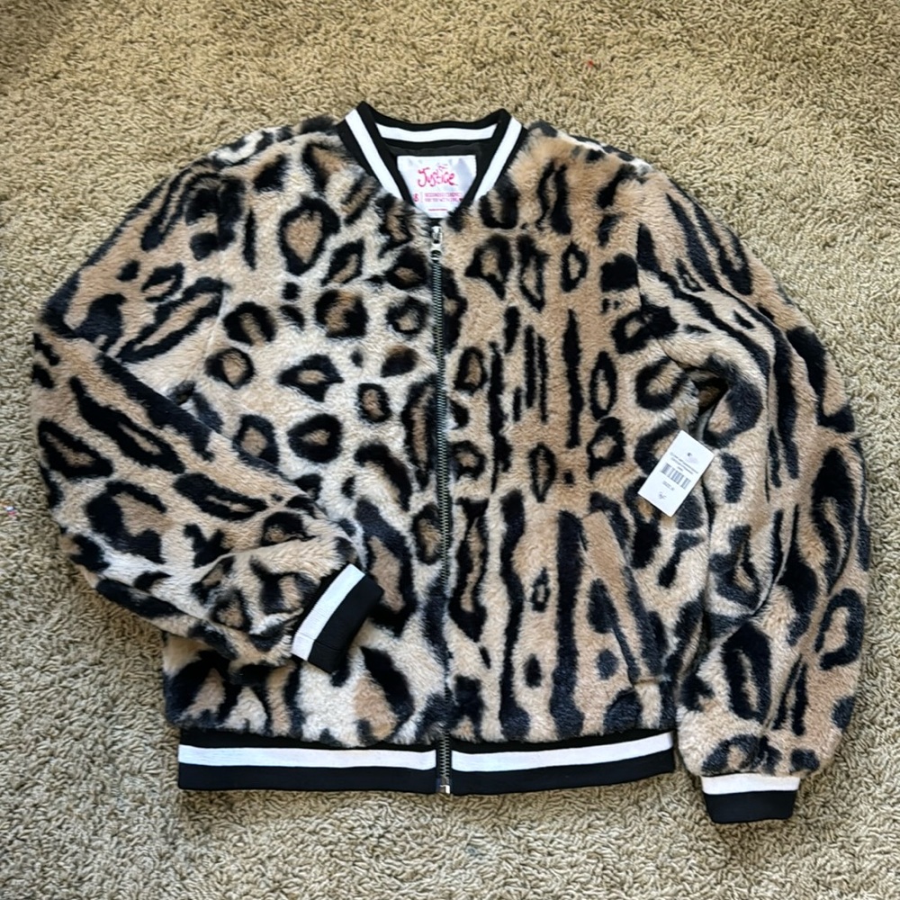 Justice New Size 8 Leopard Faux Fur Bomber Jacket